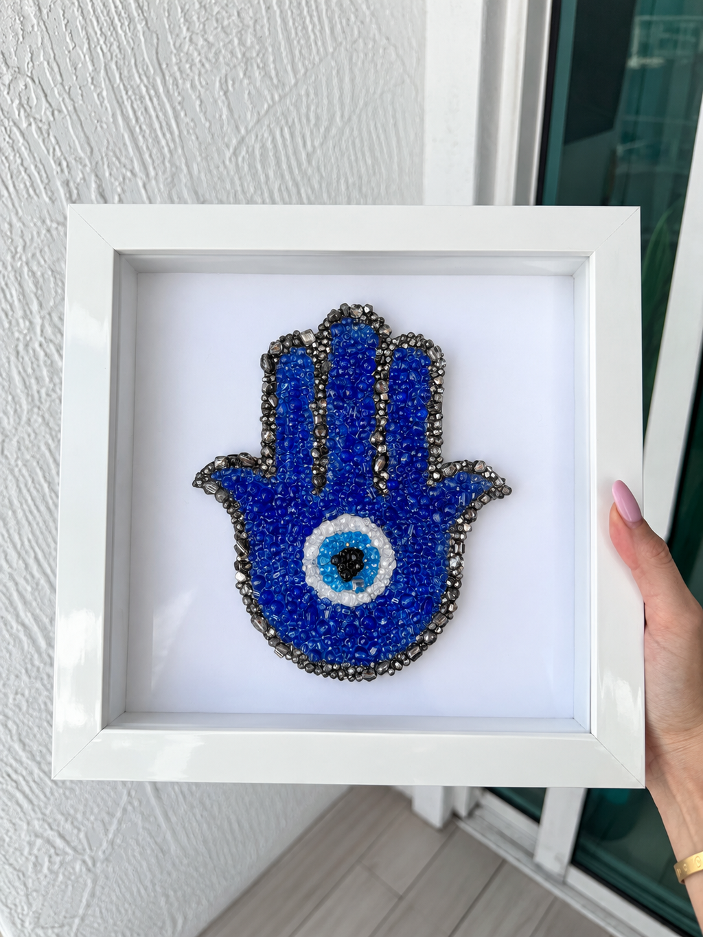 Blue Hamsa Evil Eye Beaded Wall Art