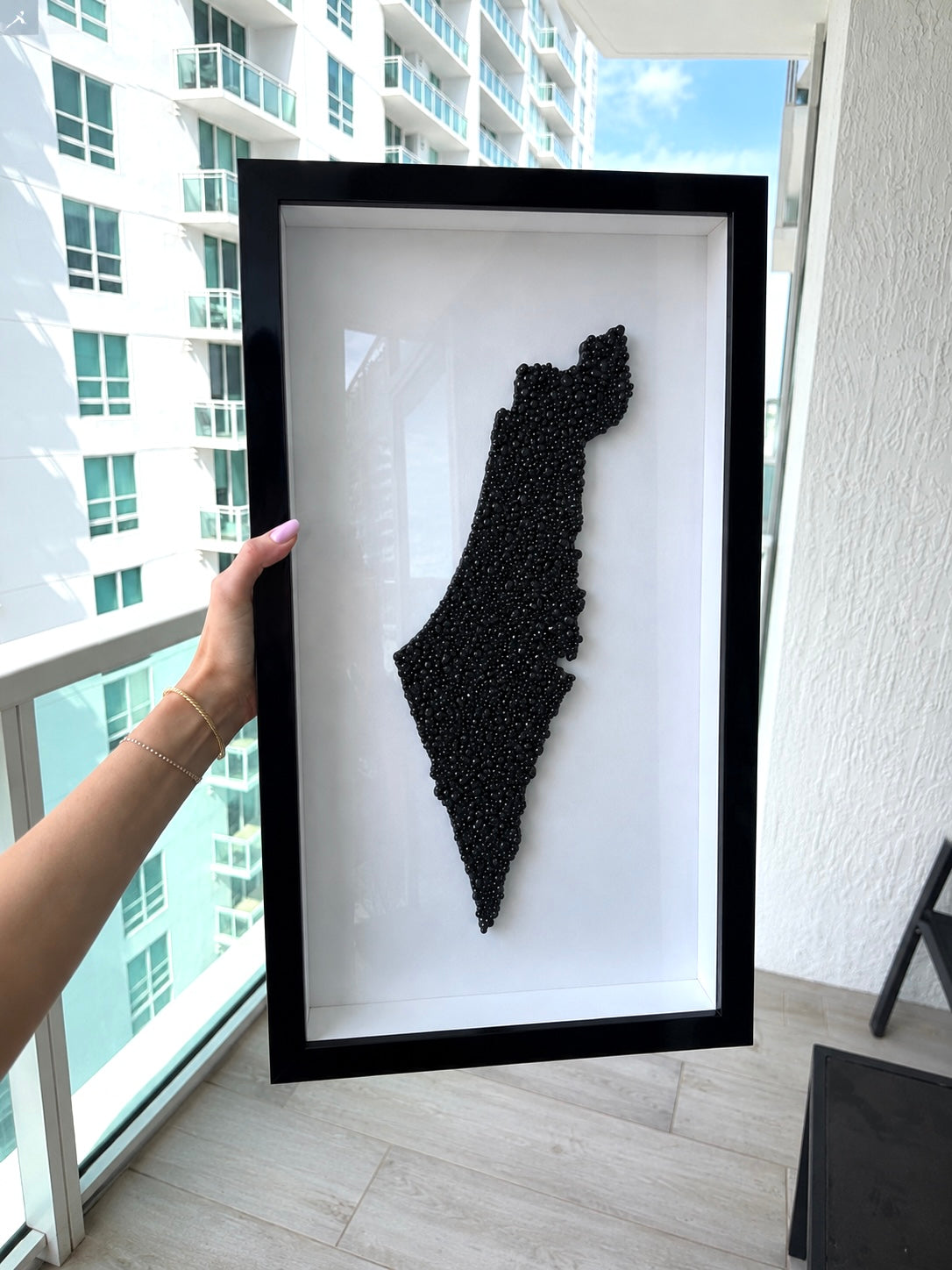 Black & White Crystal Beaded Israel Map 26” x 13”