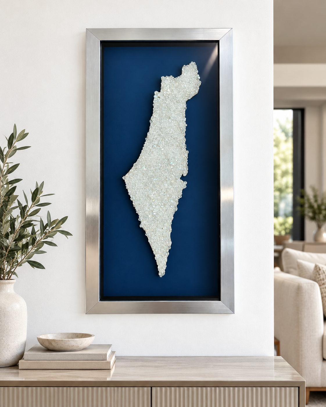 Blue/White Beaded Israel Shadow Box with Silver Frame
