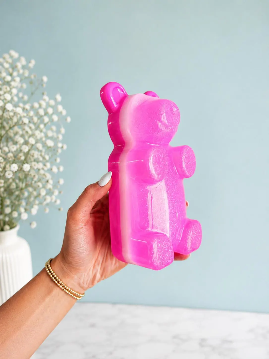 Giant Glitter Sparkly Pink Epoxy Resin Gummy Bear 7 Inch