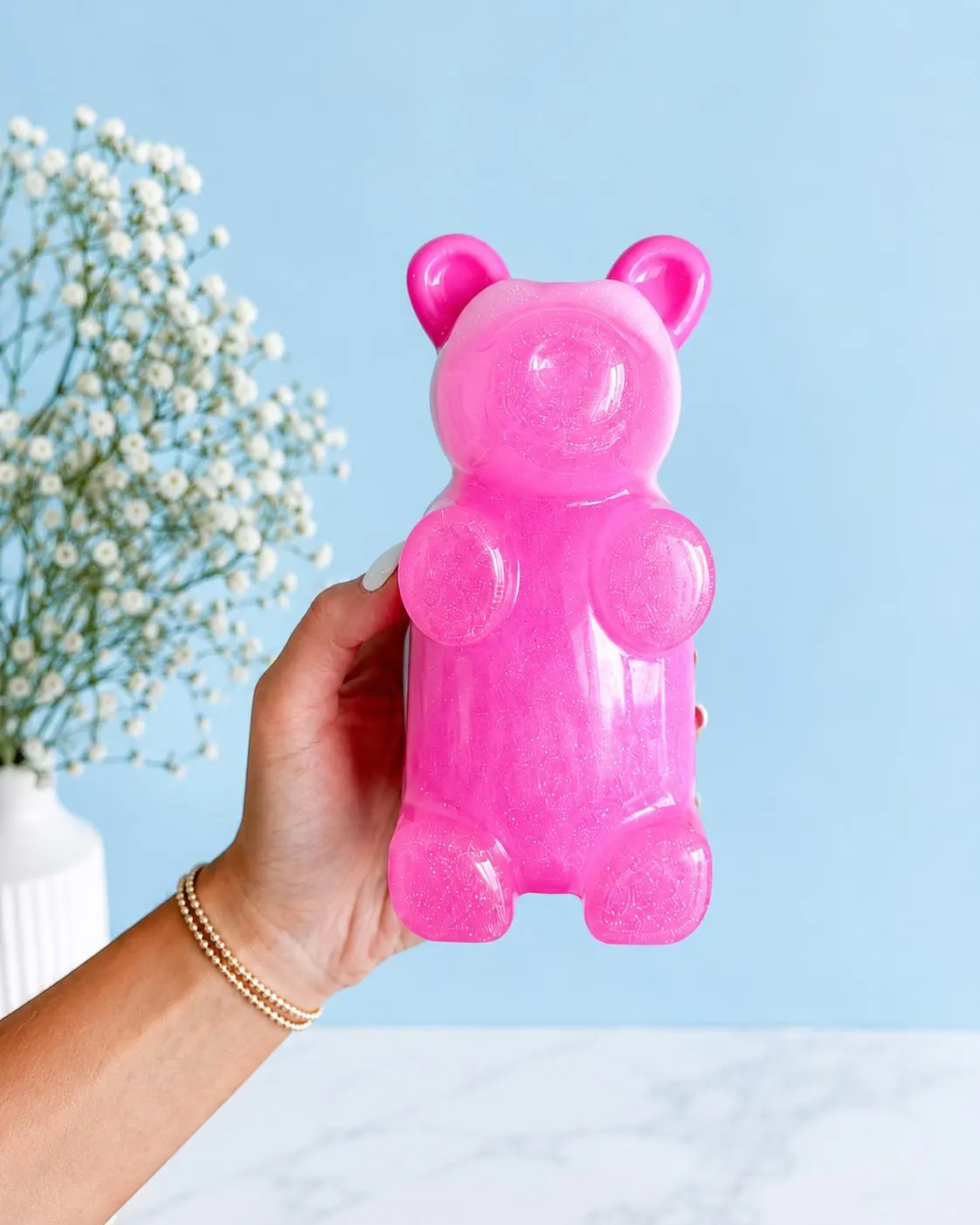 Giant Glitter Sparkly Pink Epoxy Resin Gummy Bear 7 Inch
