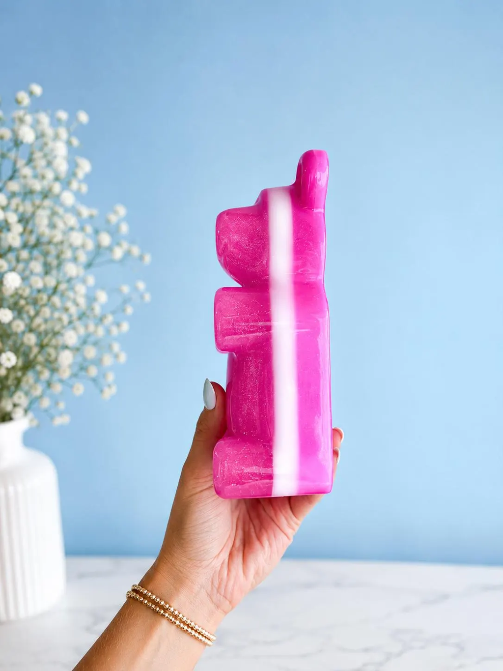 Giant Glitter Sparkly Pink Epoxy Resin Gummy Bear 7 Inch