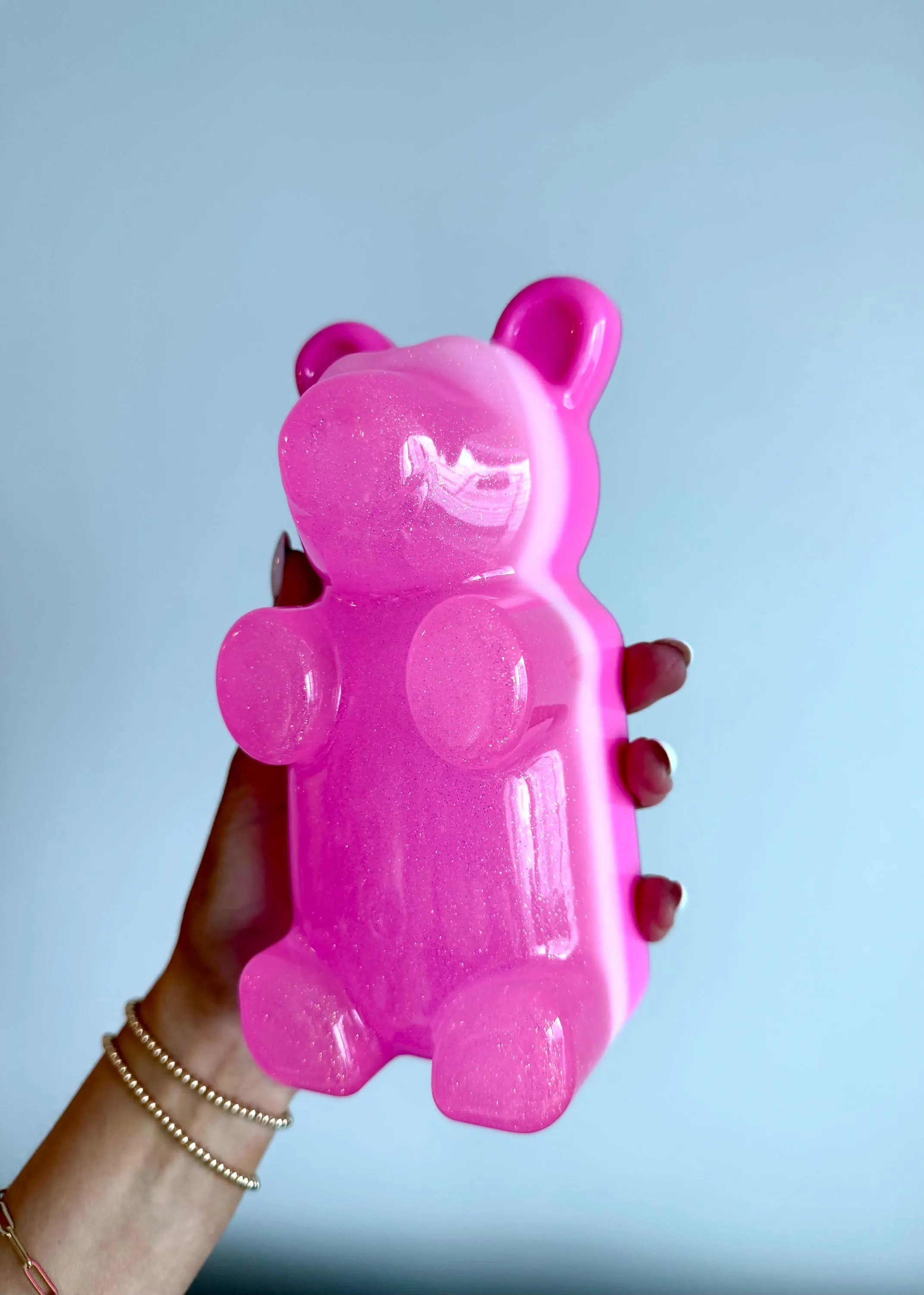 Giant Glitter Sparkly Pink Epoxy Resin Gummy Bear 7 Inch